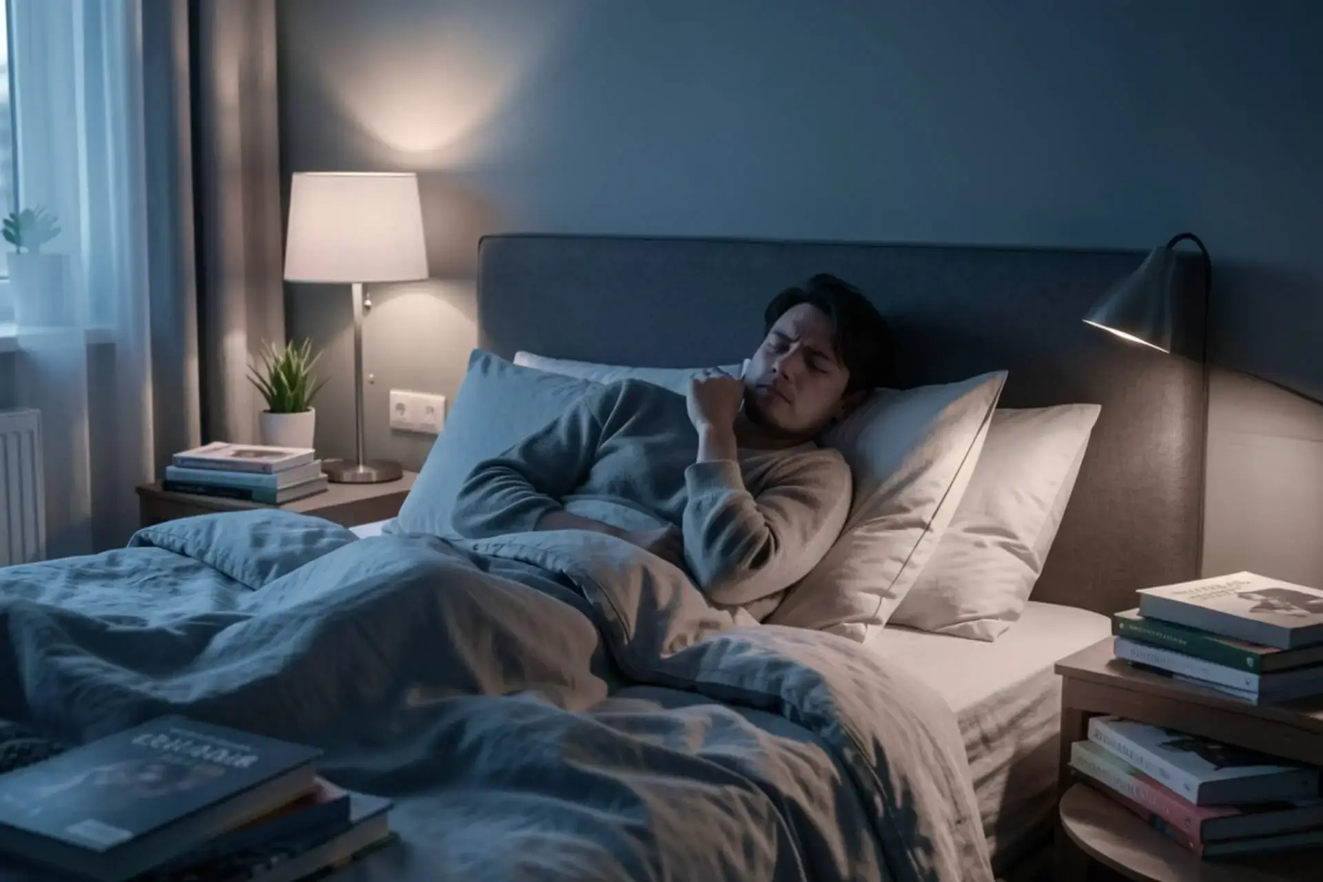 Uyku bozukluğu yaşayan bir kişinin gece yatakta uyanık ve düşünceli görünümü